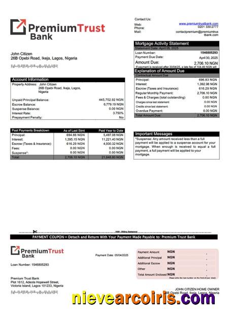 Nigeria Premium Trust Bank mortgage statement Word and PDF template